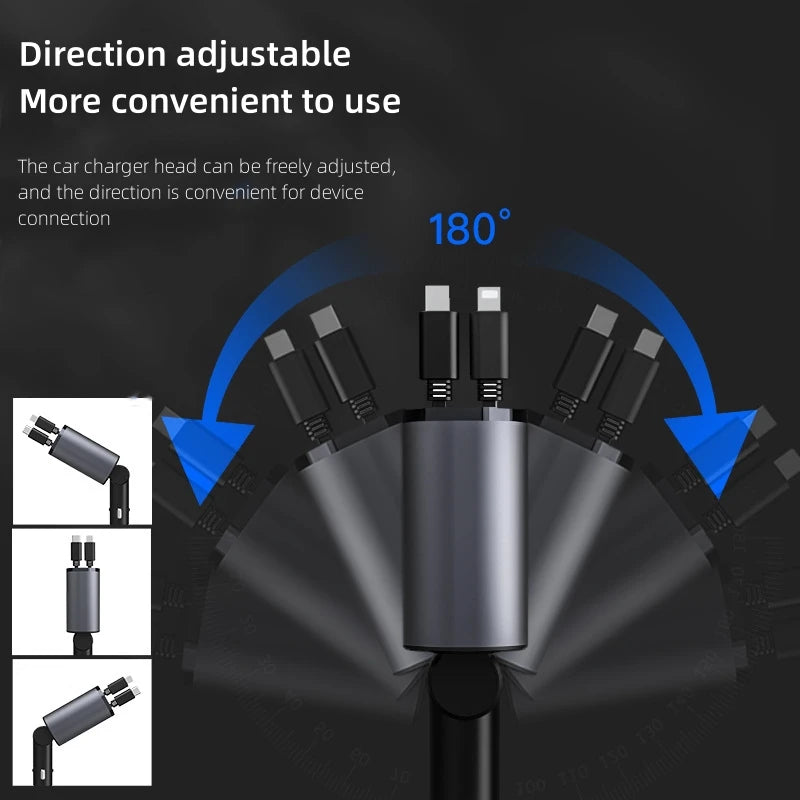 Retractable Car Charger, 4 in 1 Fast Charging Car Charger 120W, Retractable Cable and 2 USB Ports Car Charger Adapter Compatible