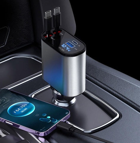 Retractable Car Charger, 4 in 1 Fast Charging Car Charger 120W, Retractable Cable and 2 USB Ports Car Charger Adapter Compatible